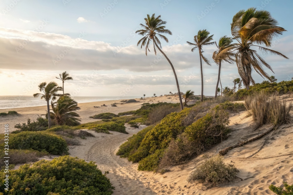 Palm trees and beach shrubs creating a picturesque backdrop for a sandy beach, natural scenery, serene view, beach shrubs, coastal scene Palm trees and beach shrubs creating a picturesque backdrop for a sandy beach, natural scenery, serene view, beach shrubs, coastal scene