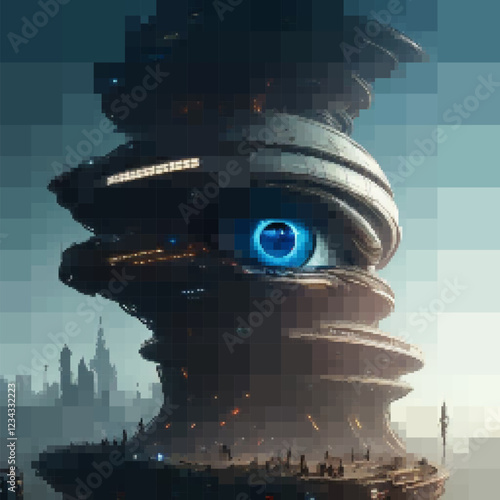 Large futuristic building with a huge eye in it, Vector illustration. Rectangular design.