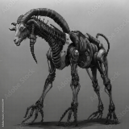 Biomechanical goat. Vector illustration. Pixel design.