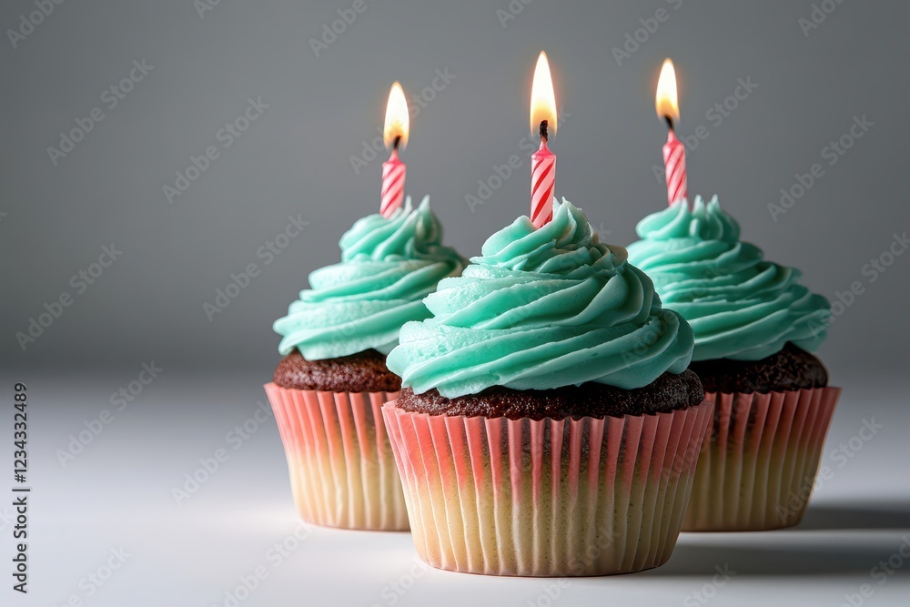 Delicious Cupcakes with Aqua Frosting and Colorful Candles for Celebrating Special Occasions Delicious Cupcakes with Aqua Frosting and Colorful Candles for Celebrating Special Occasions