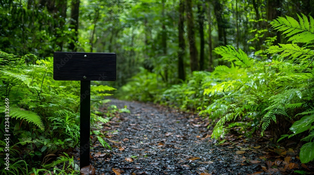 Forest Trail with Lush Greenery and Blank Sign Forest Trail with Lush Greenery and Blank Sign