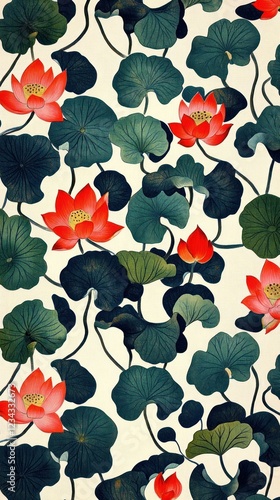 Vintage maximalist wallpaper with lotus pattern art illustration.