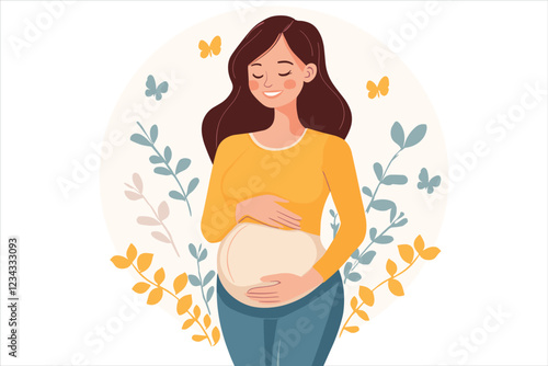 Pregnant woman with hands on her belly, Beautiful pregnant woman, Pregnant woman, Vector illustration