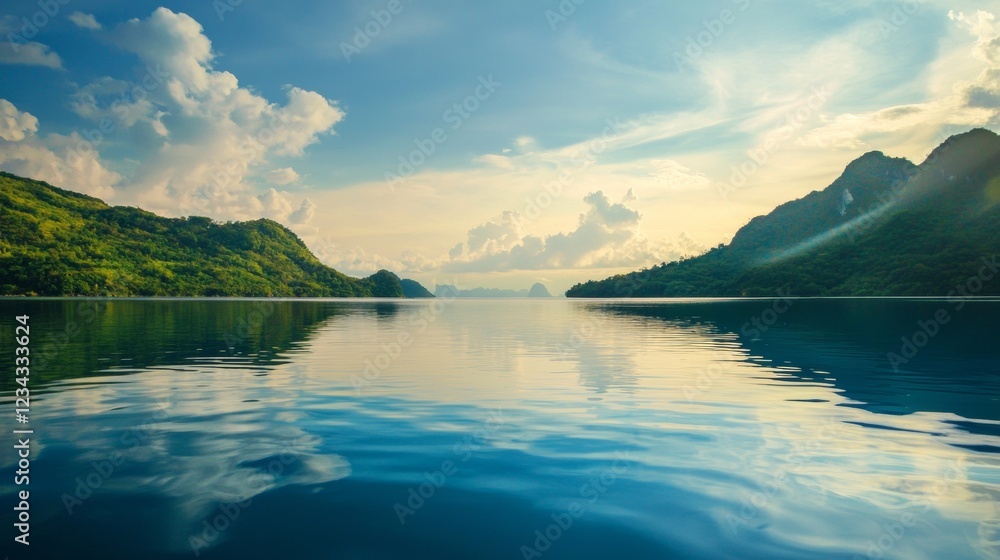 Serene lake surrounded by lush green mountains Serene lake surrounded by lush green mountains