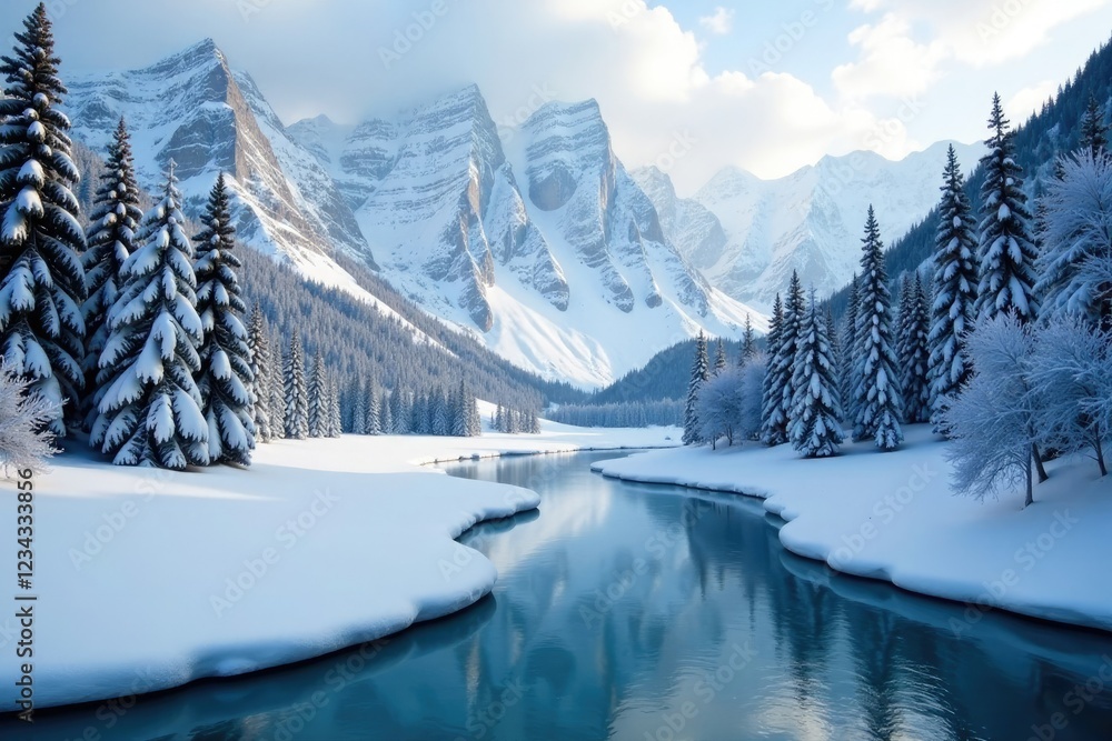 Fototapeta premium Snowy mountains with trees and a frozen river, trees, snowy