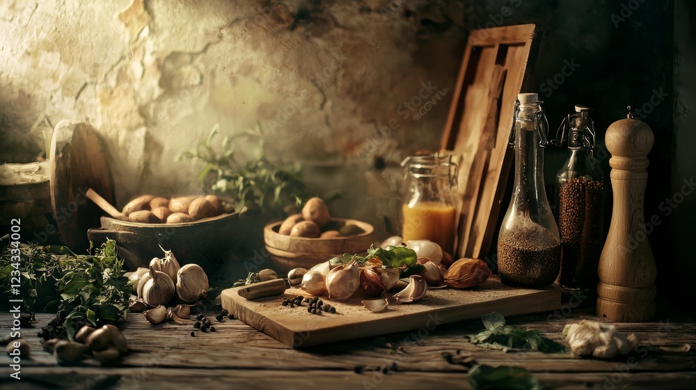 Fototapeta premium Rustic kitchen table with fresh ingredients