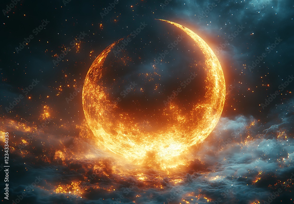 Fototapeta premium Fiery crescent moon amidst clouds against starry sky