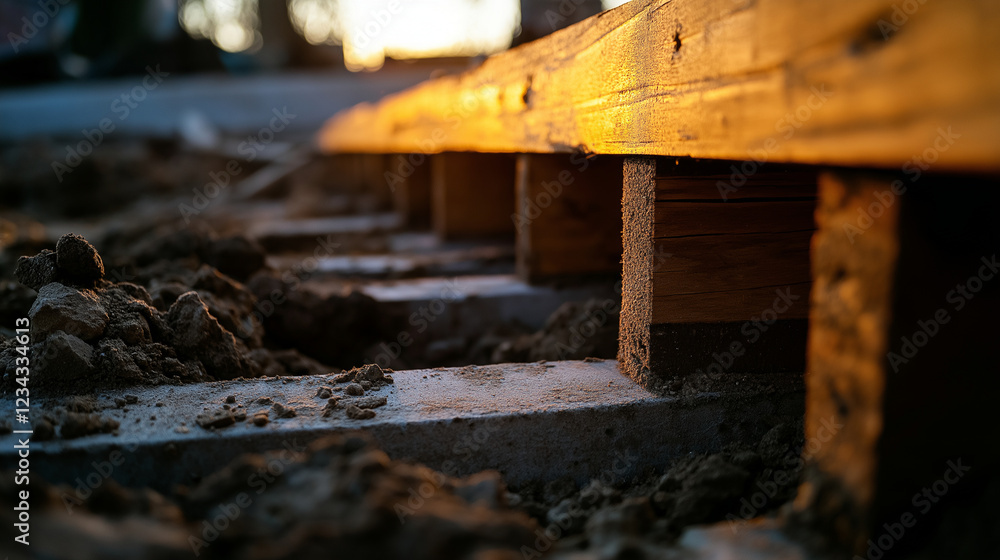 Fototapeta premium An unfinished foundation with fresh wooden beams and crumbling concrete, symbolizing the start of repair and reinforcement work.