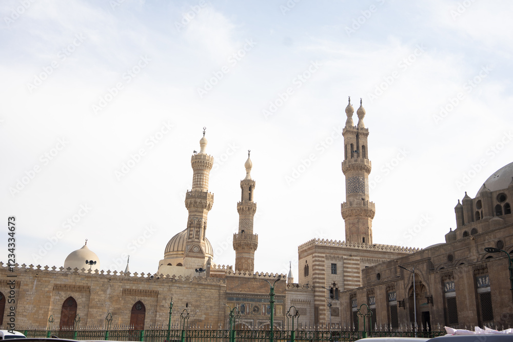 Fototapeta premium Photograph of the Al-Azhar mosque in Cairo. Exterior of the Muslim mosque where Islam is practiced. Religion.