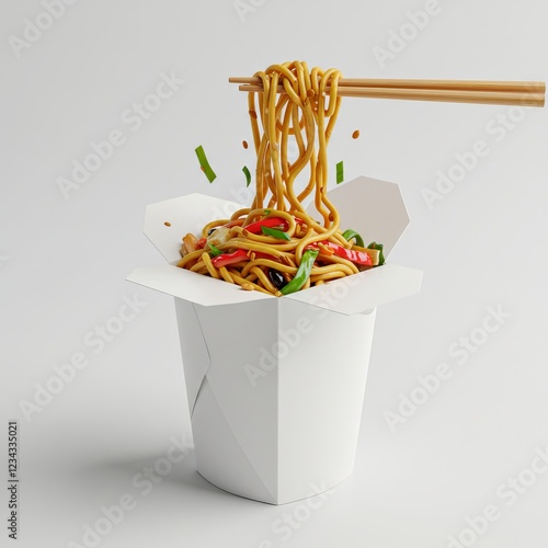 White Takeout Box with Chinese Noodles Spilling Slightly Over the Edge