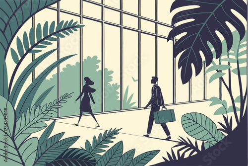 modern office interior, lush green plants, glass walls, business professionals walking, backlit silhouettes, corporate environment, natural light, ferns and tropical foliage, sleek architecture, ec