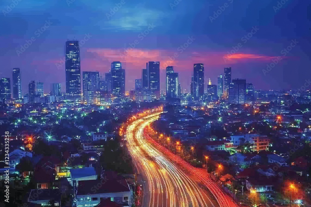 Fototapeta premium City skyline at twilight showcasing vibrant lights and urban life in a bustling metropolis with smooth traffic flow
