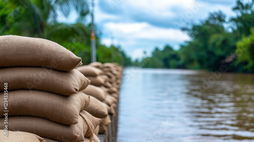 Rows of tightly packed sandbags stacked along a riverbank, with water levels rising in the background, symbolizing flood resilience efforts. photo