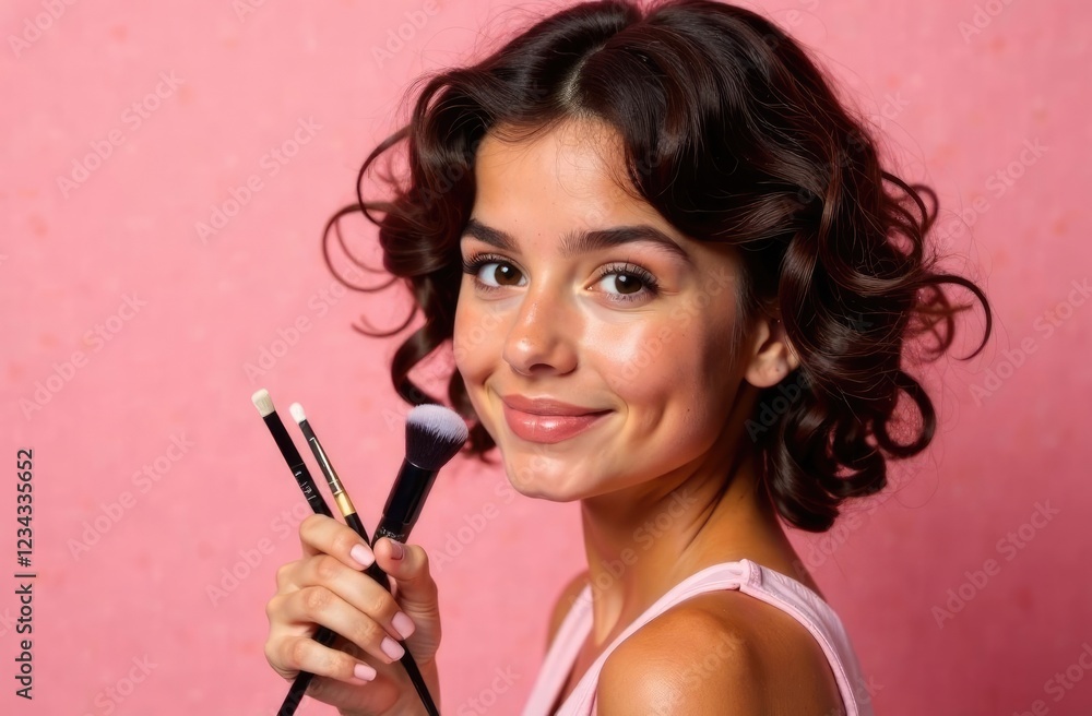 Young woman with curly dark hair and makeup brushes in her hands on a pink background. Young woman with curly dark hair and makeup brushes in her hands on a pink background.