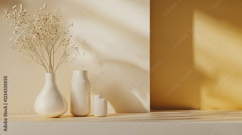 Neutral vases with dried flowers in sunlight Neutral vases with dried flowers in sunlight
