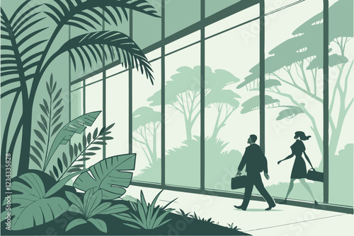 modern office interior, lush green plants, glass walls, business professionals walking, backlit silhouettes, corporate environment, natural light, ferns and tropical foliage, sleek architecture, ec