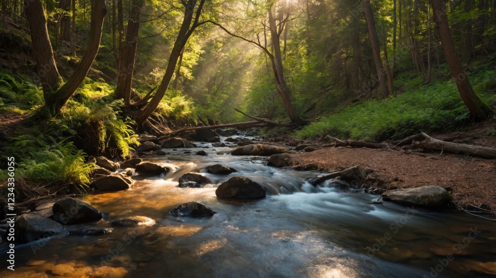 Obraz premium Sunbeams illuminate a tranquil forest stream, flowing over smooth rocks. Lush greenery lines the banks, creating a serene natural scene.