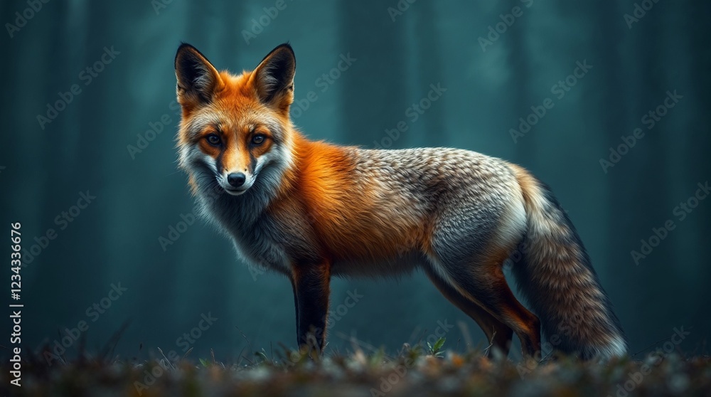 Fototapeta premium Fox standing in misty forest, cinematic wildlife portrait. Educational materials, forestry, biology, nature conservation, infographics, wildlife, zoo, tourism, logo, children's book, 