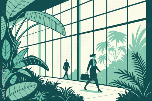 modern office interior, lush green plants, glass walls, business professionals walking, backlit silhouettes, corporate environment, natural light, ferns and tropical foliage, sleek architecture, ec