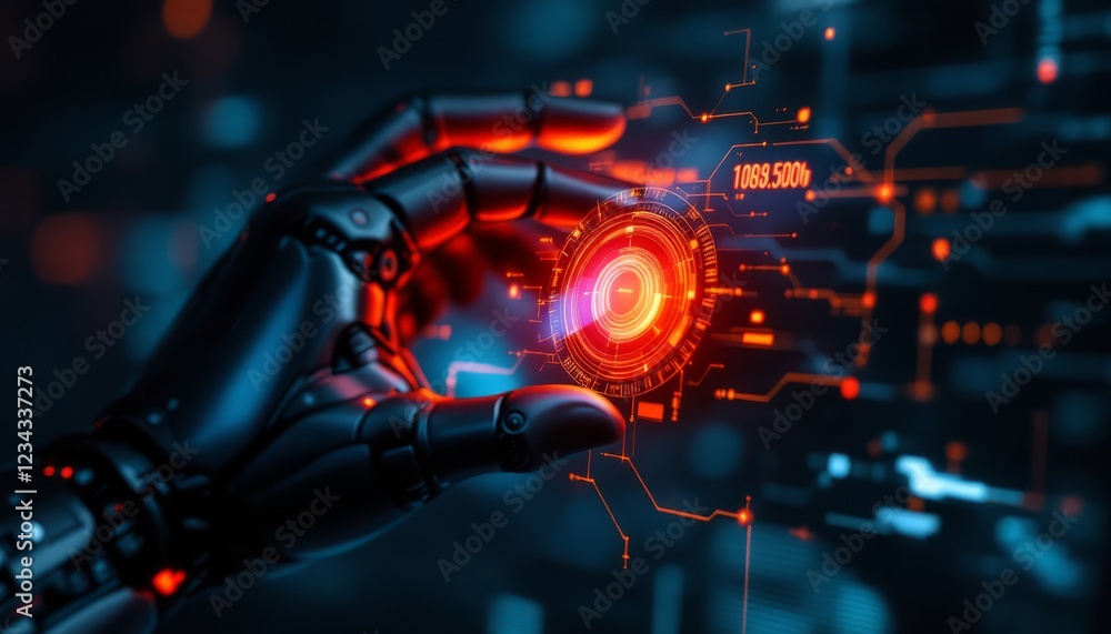 Fototapeta premium Futuristic Robotic Hand Interacting with Digital Interface Displaying Complex Technology Data