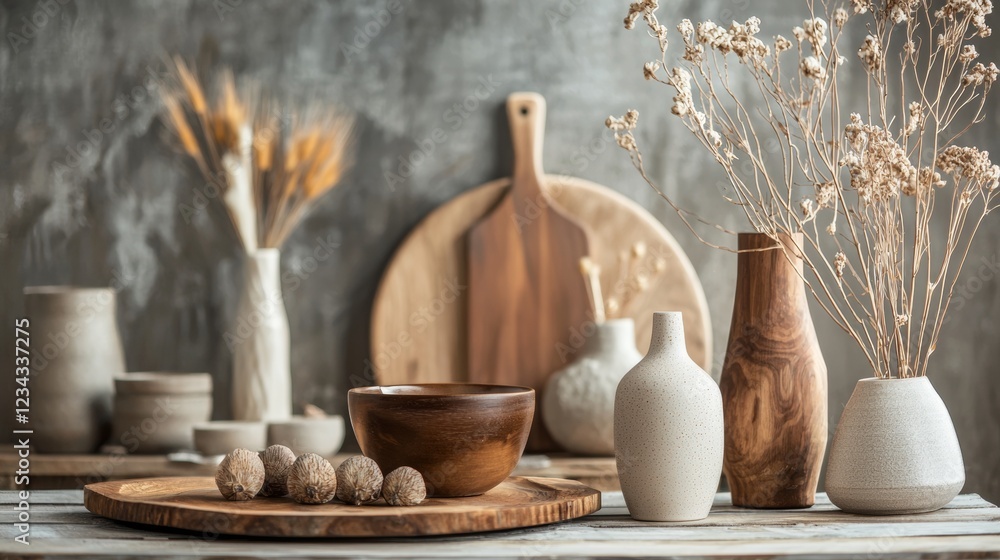 Earthy kitchen decor with wooden and ceramic elements