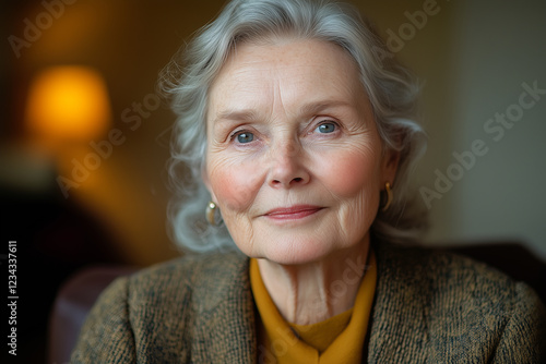 Elderly woman with a warm expression looks directly at the camera in a cozy indoor setting photo