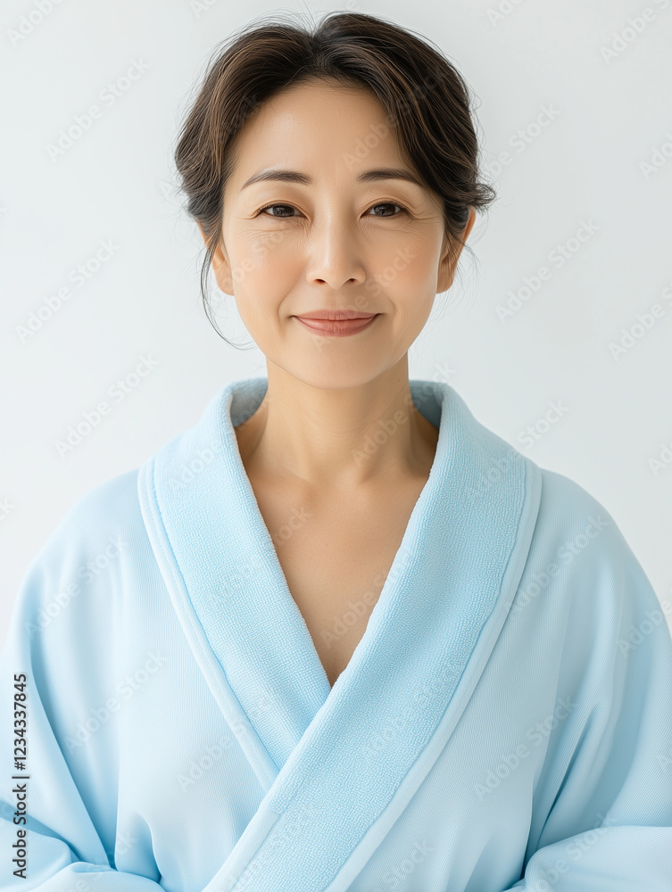 Middle-aged South Korean woman in light blue swimming attire poses for a portrait against a white background Middle-aged South Korean woman in light blue swimming attire poses for a portrait against a white background