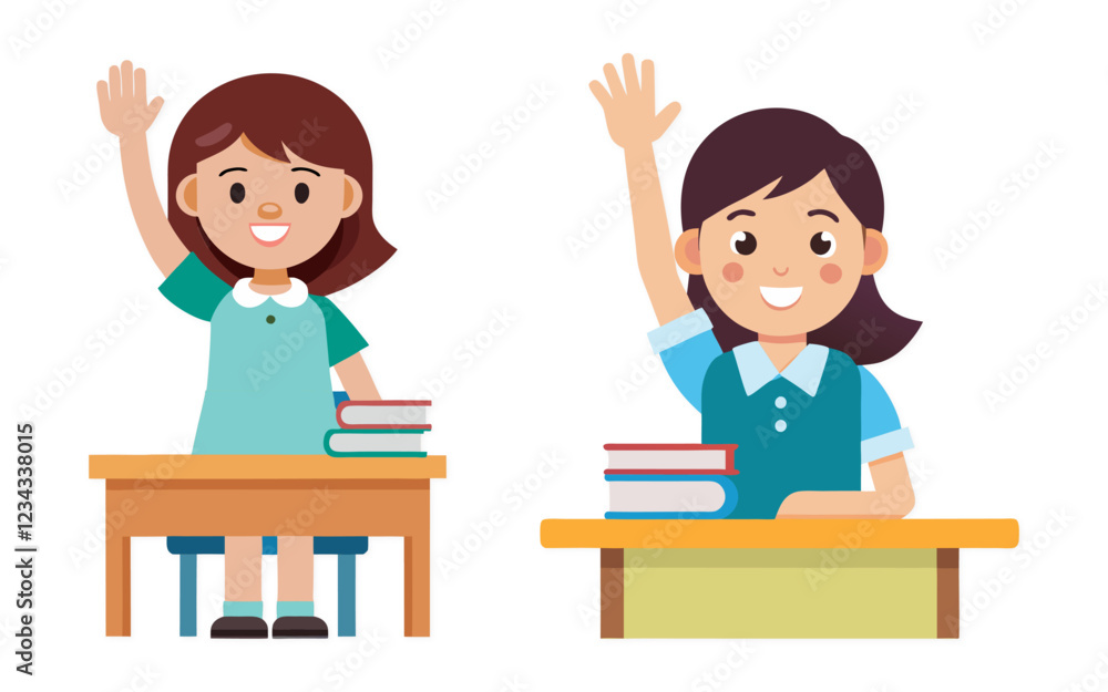 Two Cartoon Girl Waving Hand In Classroom Vector Illustration Two Cartoon Girl Waving Hand In Classroom Vector Illustration