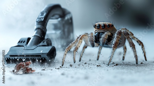 Jumping spider facing vacuum, home floor, dust, cleaning