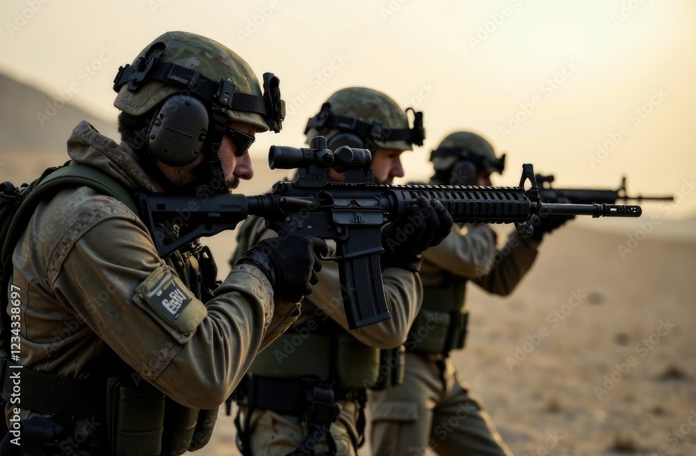 Medium plan. A number of soldiers in military uniform and with weapons go on the offensive in a desert area. Medium plan. A number of soldiers in military uniform and with weapons go on the offensive in a desert area.