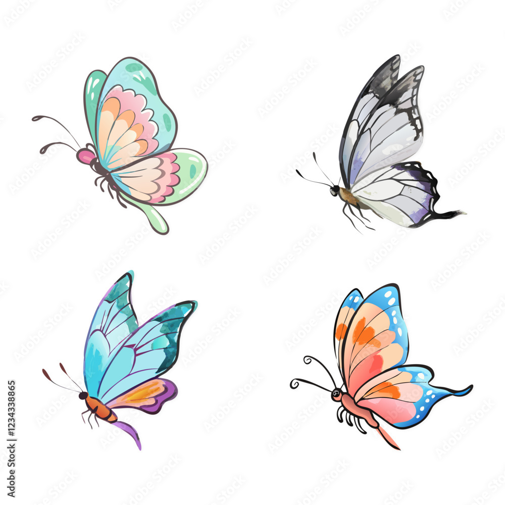 Obraz premium Flat Hand Draw Watercolour Butterfly Collection Vector Illustration