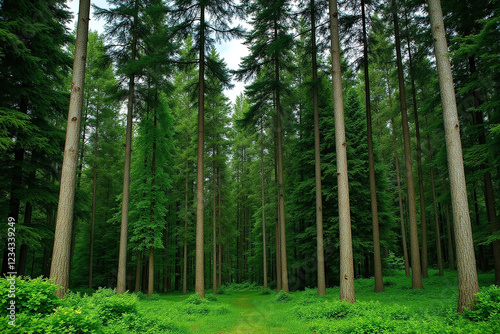 Serene forest with dense trees and green underbrush on forest floor photo