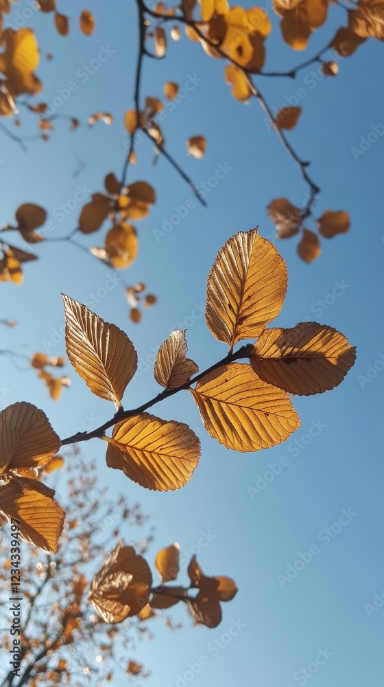 Autumnal Sunlight Illuminating Golden Leaves on a Branch Autumnal Sunlight Illuminating Golden Leaves on a Branch