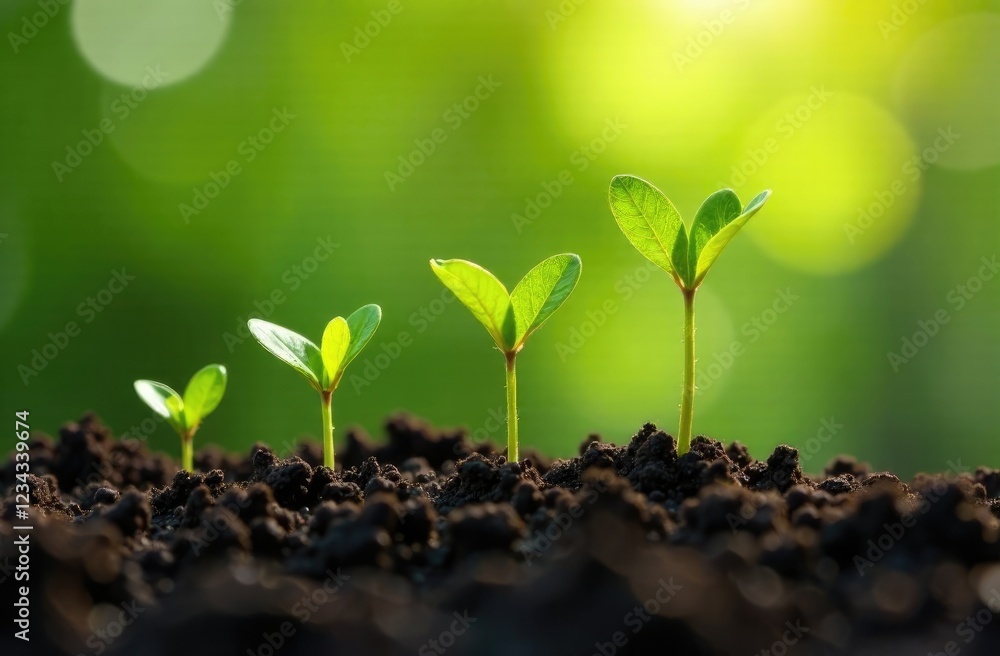 Green sprouts make their way through the loose soil against a blurred green background. Green sprouts make their way through the loose soil against a blurred green background.