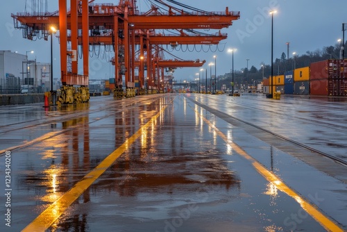 Reflection of Cranes and Shipping Containers on Wet Ground in Industrial Port Environment photo