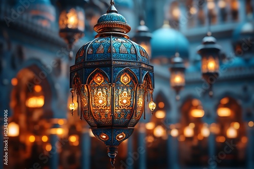 Ornate illuminated lantern against a softly lit backdrop of intricate architecture

