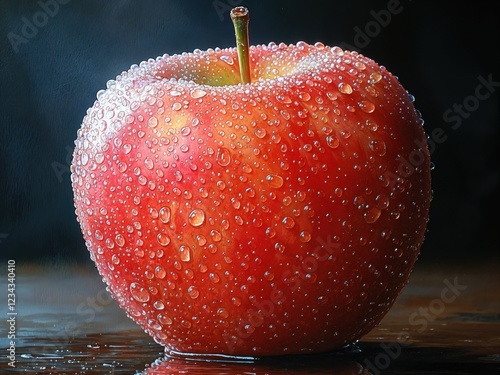 A vivid red apple rests on a shiny surface, its skin covered with glistening water droplets. The play of light highlights its vibrant color, evoking a feeling of freshness and vitality.
