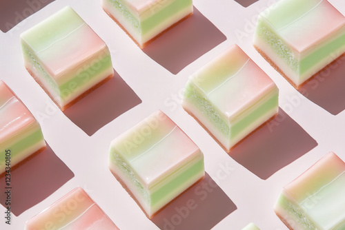 Geometric pastel-colored layered cakes squares on pink background