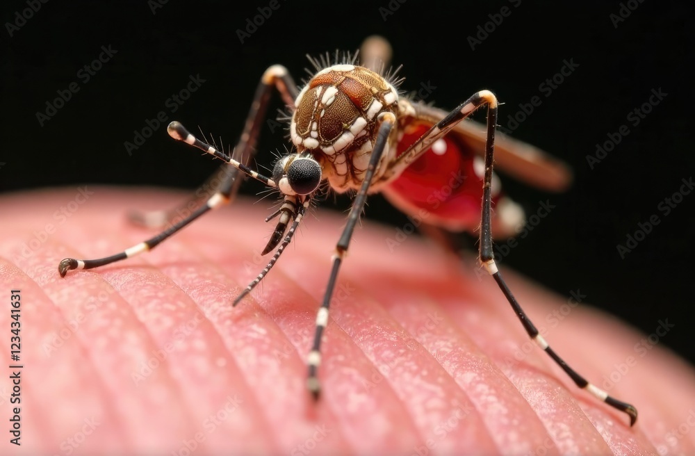 Fototapeta premium A mosquito on a person's skin sucks blood. Macro photography of insects.