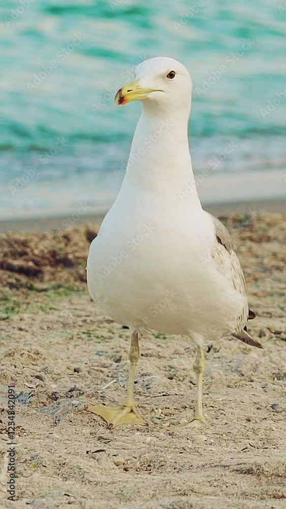 sea gull of white color with gray wings looks straight ahead and goes further on the background of turquoise waves of the sea. Slow motion. Vertical video sea gull of white color with gray wings looks straight ahead and goes further on the background of turquoise waves of the sea. Slow motion. Vertical video