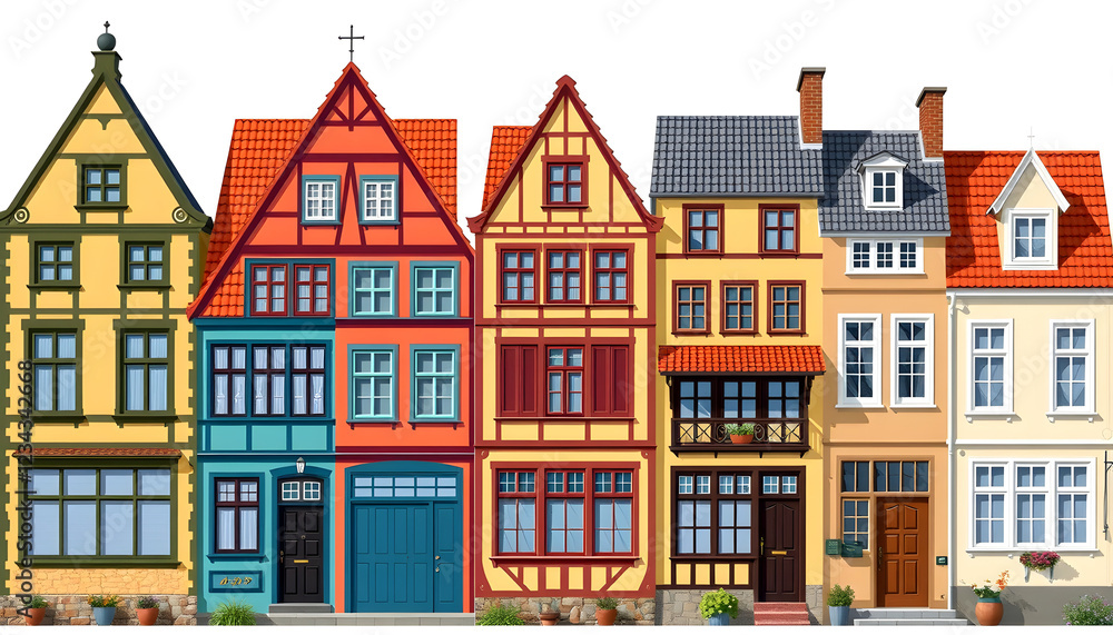 Fototapeta premium Old European houses facade set, colorful houses of different architectural styles vector Illustrations on a white background , with white tonespng