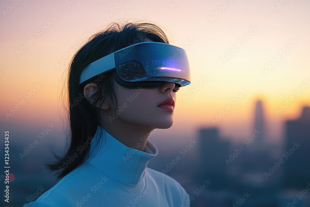 Woman wearing VR headset, experiencing immersive virtual reality against a city sunset. Woman wearing VR headset, experiencing immersive virtual reality against a city sunset.