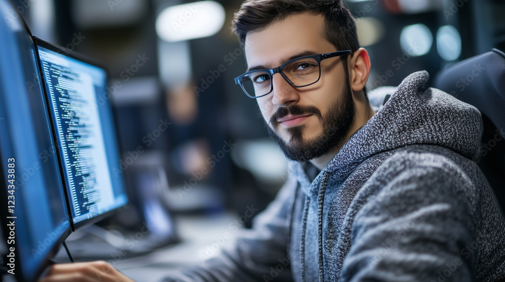 Fototapeta premium Young programmer at work with screens on a office desk