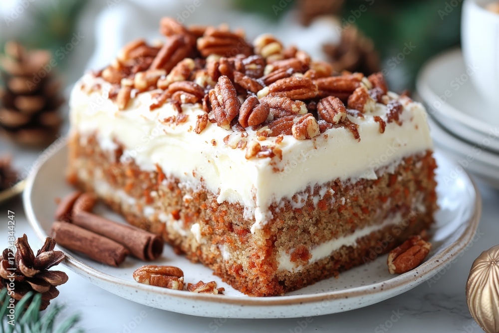 Delicious homemade carrot cake with cream cheese frosting and crunchy pecans served on a festive plate Delicious homemade carrot cake with cream cheese frosting and crunchy pecans served on a festive plate
