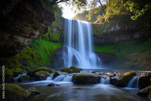 serene waterfall cascading down moss covered rock face with greenery photo