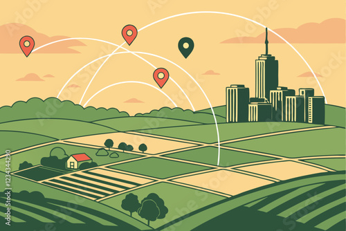 Aerial cityscape, green rural fields, glowing network connections, GPS location pins, futuristic mapping, smart agriculture, digital transformation, golden hour lighting, urban-rural interface, tec