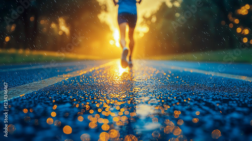Cinematic close-up shot of person jogging, morning mist, soft golden sunlight, motion blur, dew drops on track