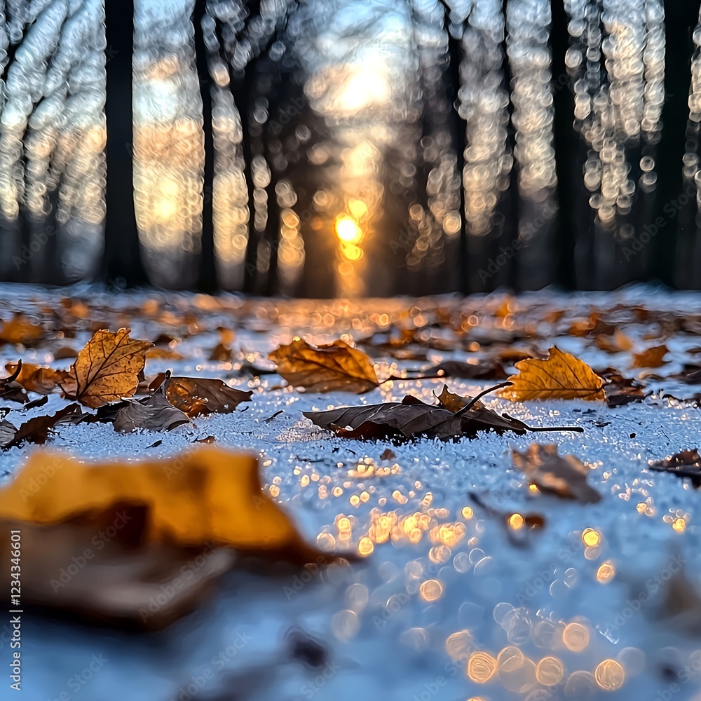 Fototapeta premium Frozen Leaves Glisten in Winter Sunset