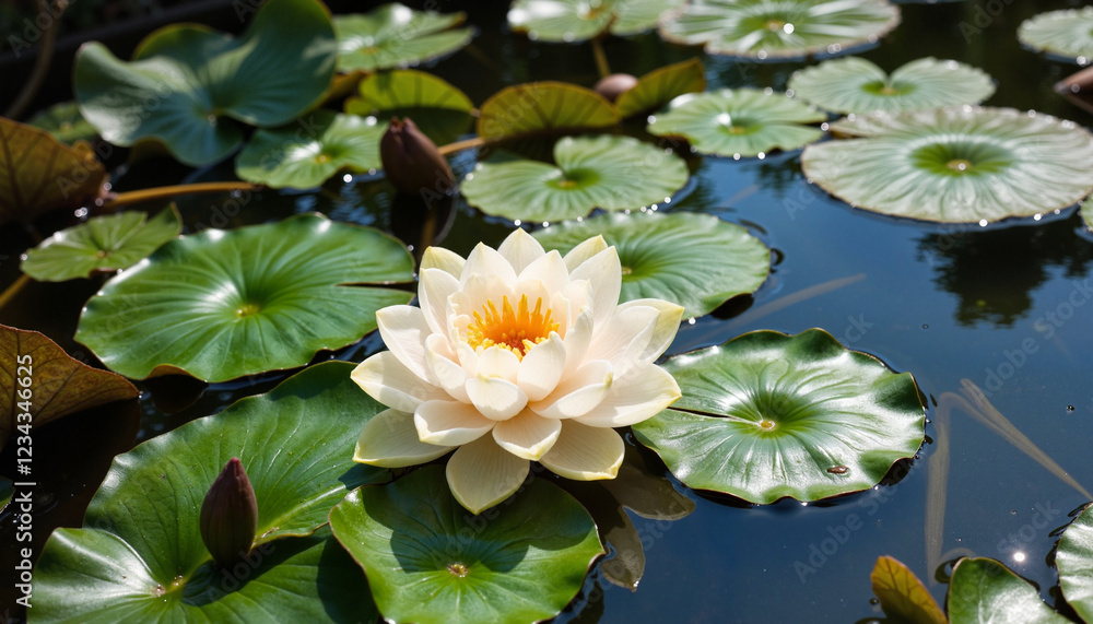 Water lily blooming on tranquil pond surrounded by leaves Water lily blooming on tranquil pond surrounded by leaves