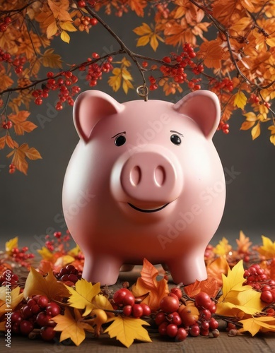 Piggy bank and autumn foliage entwined with twigs and berries, outdoor, home decor, piggy bank photo